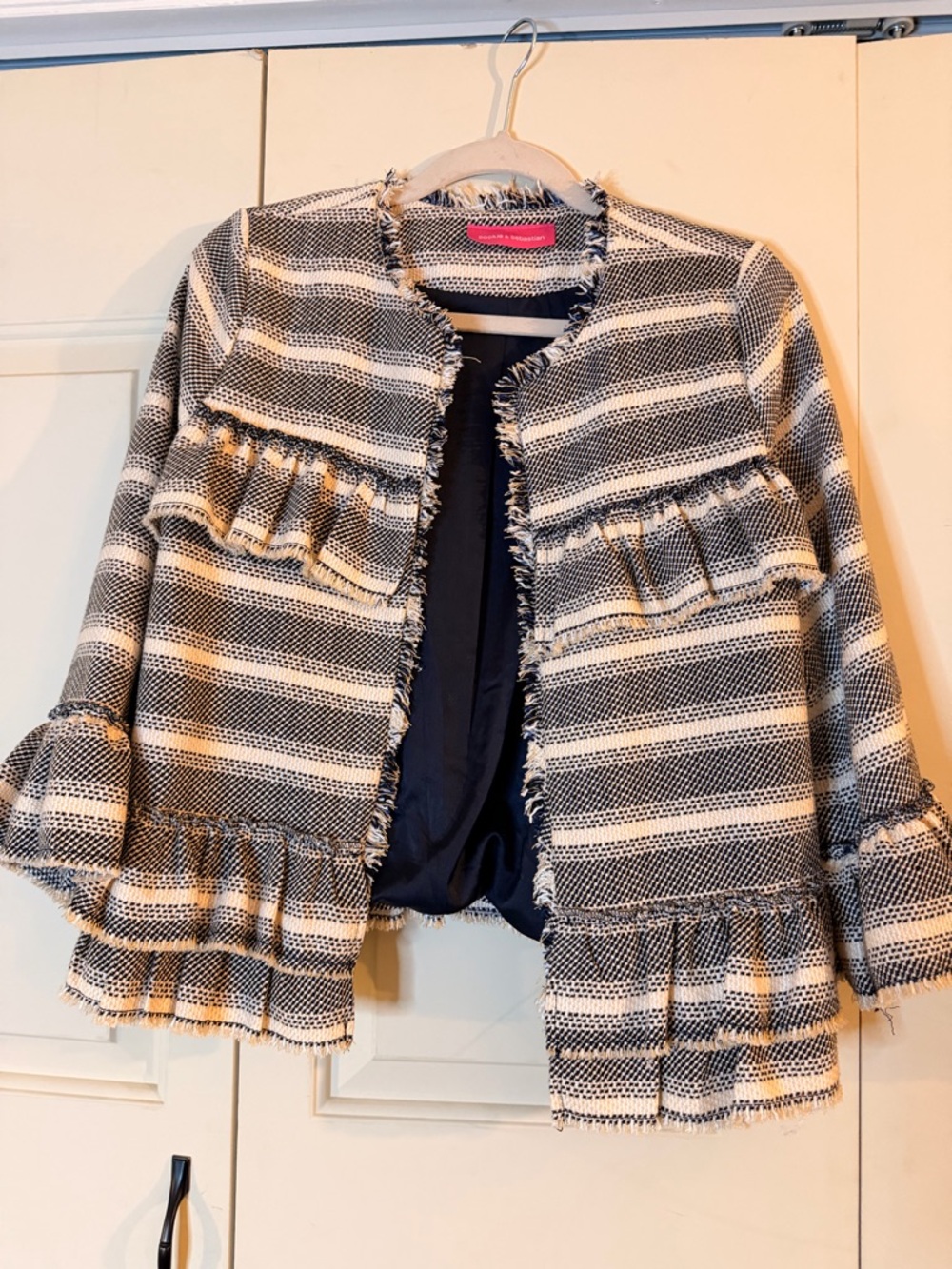Pookie and Sebastian Navy & Cream  Striped Tweed Ruffle Jacket